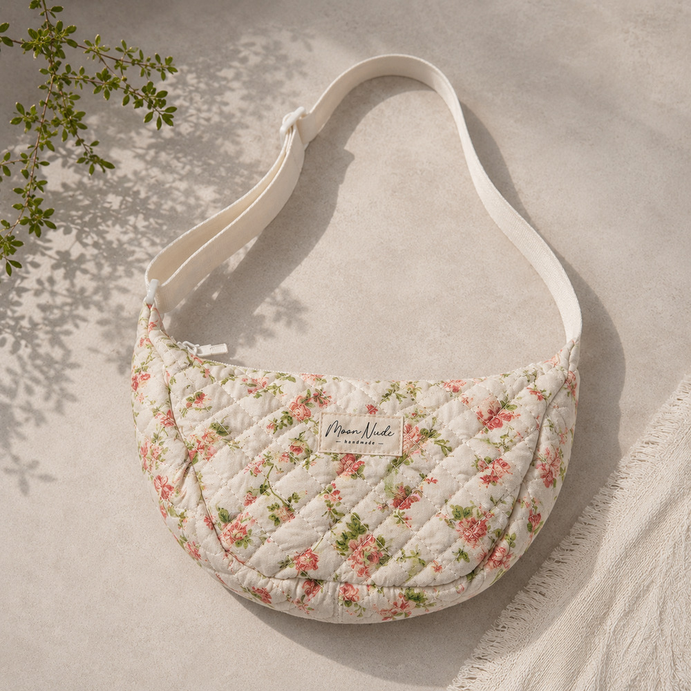 Moon Nude Roze Mini Floral Puffer Shoulder Bag Quilted Cottagecore Feminine Rose